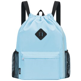 WANDF Drawstring Backpack Sports Gym Bag with Shoes Compartment, Water-Resistant String Backpack Cinch for Women Men(Light Blue,Large)