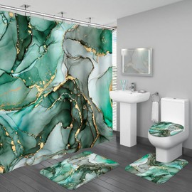 BayNook 4PCS Emerald Green Marble Bathroom Sets with Shower Curtain and Rugs, Abstract Shower Curtain Sets with Rugs, Gold Bathroom Curtains Shower Set with Toilet Lid Cover Accessories