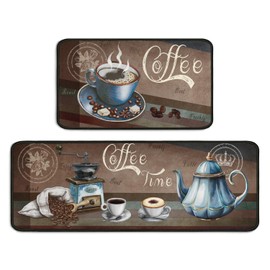 BOOWEATS 2 Piece Coffee Kitchen Decor Rug Set, Home Kitchen Sink Rugs and Mats Non Skid Washable Absorbent Microfiber Kitchen Floor Carpet 17"x47"+17"x30"