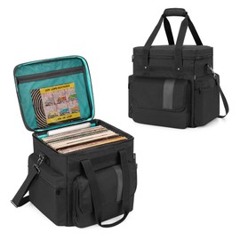 LoDrid Vinyl Record Storage Bag with 4 Boards Around and 2 Detachable Dividers, Holds Up to 60 LP Records, Travel Album Carrying Case with Separated Laptop Layer Up to 14”, Bag Only, Black