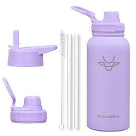 STACEGEELE 32oz Insulated Water Bottle with Straw 18/8 Stainless Steel Water Bottle with 2 Lids Metal Water Bottle Large Flask Vacuum Double Walled Reusable Leak Proof 32oz(950ml Purple)