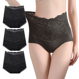CHUJNX Women's Panties, Deep, Cotton, High Waist, Lace, Large Size, Beautiful Butt Panties, M, L, XL, LL, Set of 3, Black