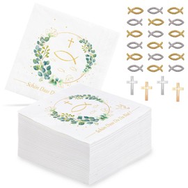 Forhandy Pack of 80 Napkins Christening, 33 x 33 cm Napkins Fish Around Eucalyptus White with 50 Pieces Wooden Fish Decoration Table Decoration Christening Napkins with Saying Schön dass Du Da Bist