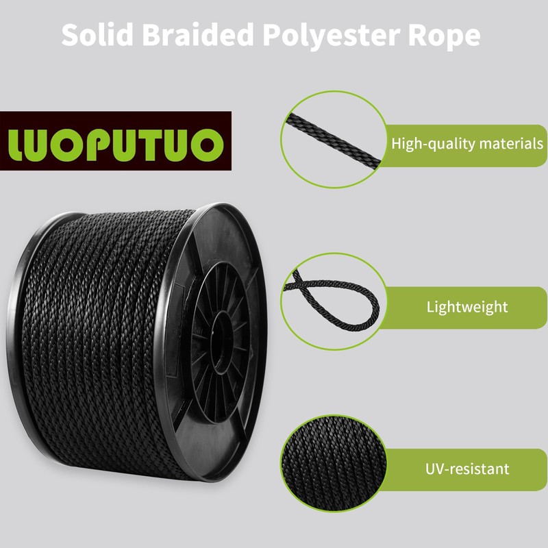5/16 Inch × 250 FT Black Polyester Solid Braid Rope