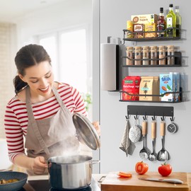 MIMIyasha 5 Pack Magnetic Spice Rack for Refrigerator, 3 Pack Metal Magnetic Spice Rack Organizer with Magnetic Paper Towel Holder, Removable Metal Hooks, Strong Magnetic Shelf for Oven, Space Saving