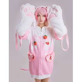 Micotaku Womens Girls Strawberry Milk Cat Onesie Pajamas Plush One Piece Cosplay Cat Costume (Medium)