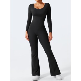 YEOREO One Piece Wide Leg Jumpsuits for Women Workout Long Sleeve Backless Flare Jumpsuit Lizvette Scrunch V Back Yoga Romper Black XS