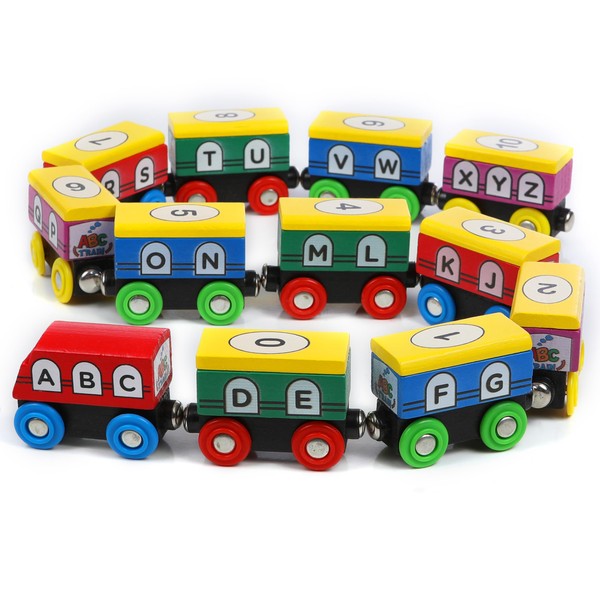 On Track USA Wooden Train Set ABC Magnetic Trains for Toddlers 12 Pieces, Compatible with All Train Track Accessory Sets, Alphabet and Numbers Toy Trains for Boys and Girls