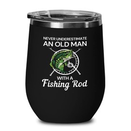 Fishing Black Edition Wine Tumbler 12oz - Old Man with Fishing Rod - Fishing Funny Gift For Fishing Lover Outdoor Enthusiast Dad Grandpa Fisherman Lake Lover