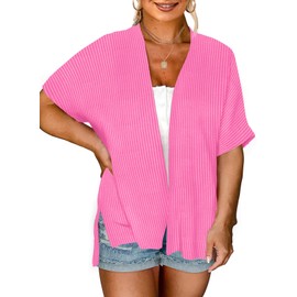 Eytino Women Plus Size Cardigan 2025 Summer Half Sleeve Ribbed Knit Beach Cover Up Tops,4X Sachet Pink