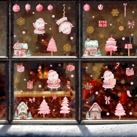 6Sheets Pink Christmas Window Clings Cute Santa Claus Window Stickers Double-Sided Xmas Gift Tree Bell Snowflakes Window Decor Christmas Window Decals for Office Party Home Winter Decoration Supplies