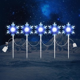 Snowflake Lights Outdoor 3D Cystral Cool White and Blue 9 ft Set of 5 Yard Stake Snowflake Christmas Pathway Lights Connectable Christmas Decorations Outside for Yard Path Lawn Patio Decor