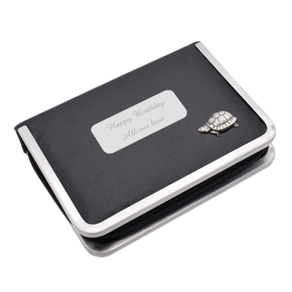 English Pewter Tortoise Design Black Leatherette Manicure Set with Personalised