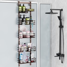 Orimade Over the Door Shower Caddy Adjustable 5 Tier Bronze,Bathroom Hanging Organizer Shelf Rustproof with 4 Hooks,Shower Basket with Soap Holder and Suction Cup