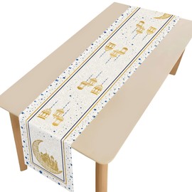 Eid Mubarak Table Runner Decoration, Ramadan Mosque Gold Moon Stars Islamic Happy Holiday for Dining Party Table Decorations Home,13x72 Inches (Beige)