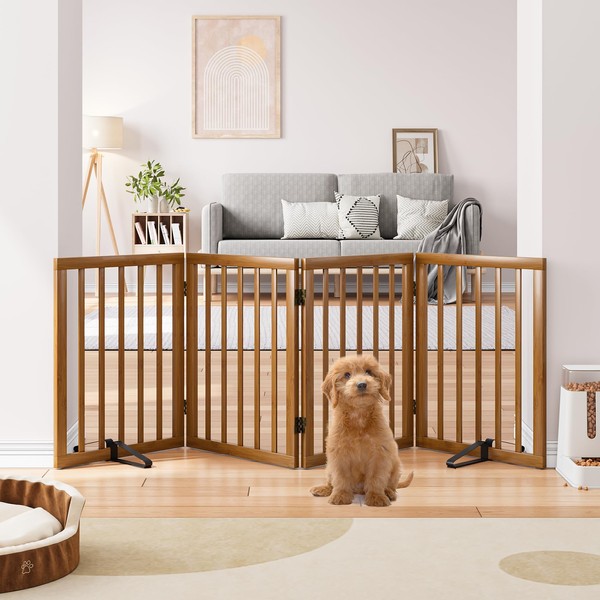 Semiocthome Walnut Freestanding Dog Gates, Indoor Wood Pet Gates for