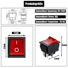 Powice 2 x Glow Switch, Ship Type Self-Locking 4-Pin Switch 230 V with Red Light, Rocker Switch 16 A/250 V/20 A/125 V, Suitable for Installation in Homes, Cars and Electrical Devices (Red)