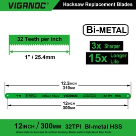 Viganoc 12" Hacksaw Replacement Blades, Bi-Metal High Speed Steel Hack Saw Blades - 32TPI HSS Saw Blades, 2 Pack