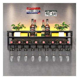 Pengfei LED Wine Rack Wall Mounted, Industrial Metal Wall Wine Shelf & Glass Holder, Large Floating Shelves Wine Bottle Storage Display Rack for Home Bar Dining Room Decor