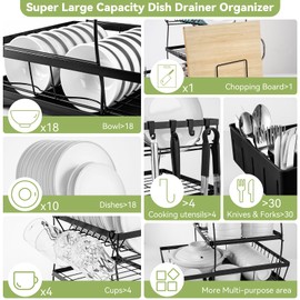 Dish Drying Rack for Kitchen Counter - 3 Tiers Stainless Steel Over Sink Dish Drainers, Space Saving Detachable Large Countertop Organizer with Utensil Holder, Cutting Board Rack (Black)