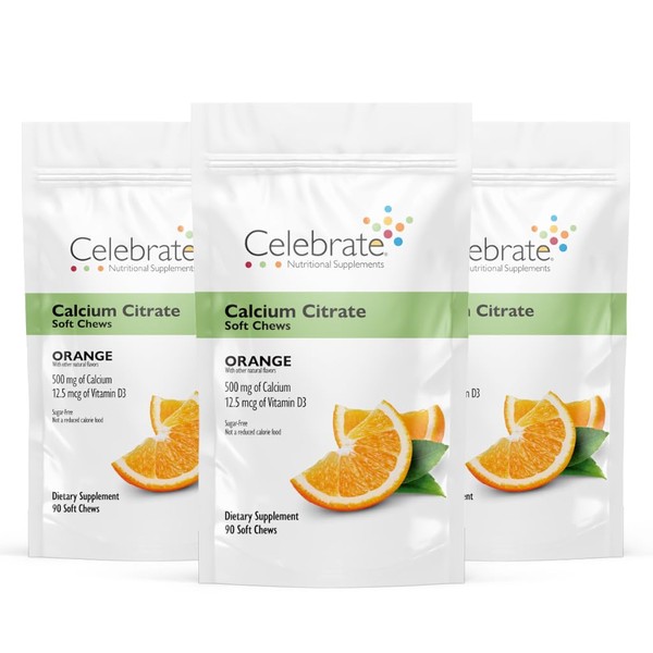 Celebrate Vitamins Bariatric Calcium Citrate Soft Chews with Vitamin D3, 500mg, Sugar-Free & Gluten-Free Calcium Citrate for Bariatric Patients, Orange, 270 Count