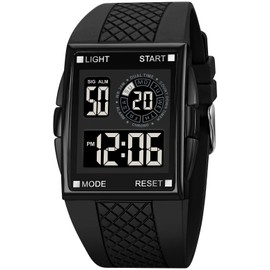 PASOY Unisex Digital Bracelet Watch Backlight Mens Women Square Alarm LED Black Rubber Watchband Sports Outdoor Waterproof Watch