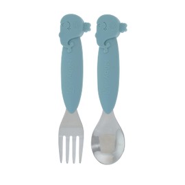 Nuby Animal Friends Silicone and Stainless Steel Fork and Spoon Set - 12+ Months - Blue Whale