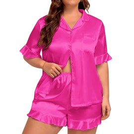 SWOMOG Womens Satin Plus Size Pajamas Silk Short Sleeve Pjs Sets Ruffle Shorts 2 Piece Loose Outfit Sleepwear with Pocket Rose Red