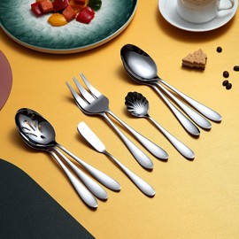 10-Piece Serving Flatware Silverware Set,Stainless Steel Serving Utensil Set,Include Slotted Serving Spoon, Serving Spoon, Butter Knife, Sugar Spoon, Serving Fork(Silver)