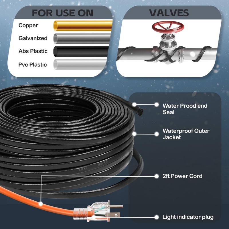 JDZKOMKE 50FT（3FT-200FT）Pipe Heating Cable for Pipe Freeze Protection, Heat Cable