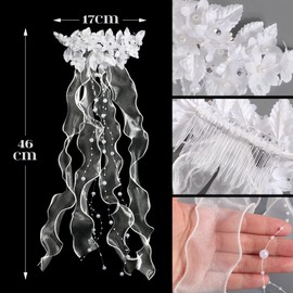 BOFUNX Girls Communion Hair Accessories Hair Comb First Communion Headpiece with White Flowers Pearls Organza Ribbons for Communion Wedding Flower Girl