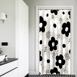 Small Stall RV Half Size Black White Abstract Cute Retro Flower Boho Floral Shower Curtain for Bathroom 39W*72H Inch Vintage Funky 70s Minimalist Aesthetic Bathtub Decor Waterproof Polyester Fabric