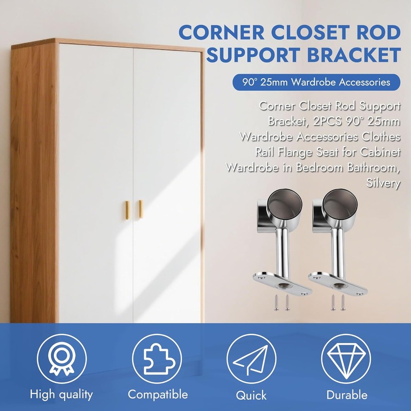 2PCS Silver 90° 25mm Clothes Rail Flange Seat, Space-Saving Corner