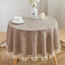 SPRICA Round Cotton Linen Look Tablecloth 48 Inch/122cm Water-Resistant Tassel Edge Soft Solid Color Cover for Kitchen, Outdoor, Garden Table, Machine Washable, Medium Brown