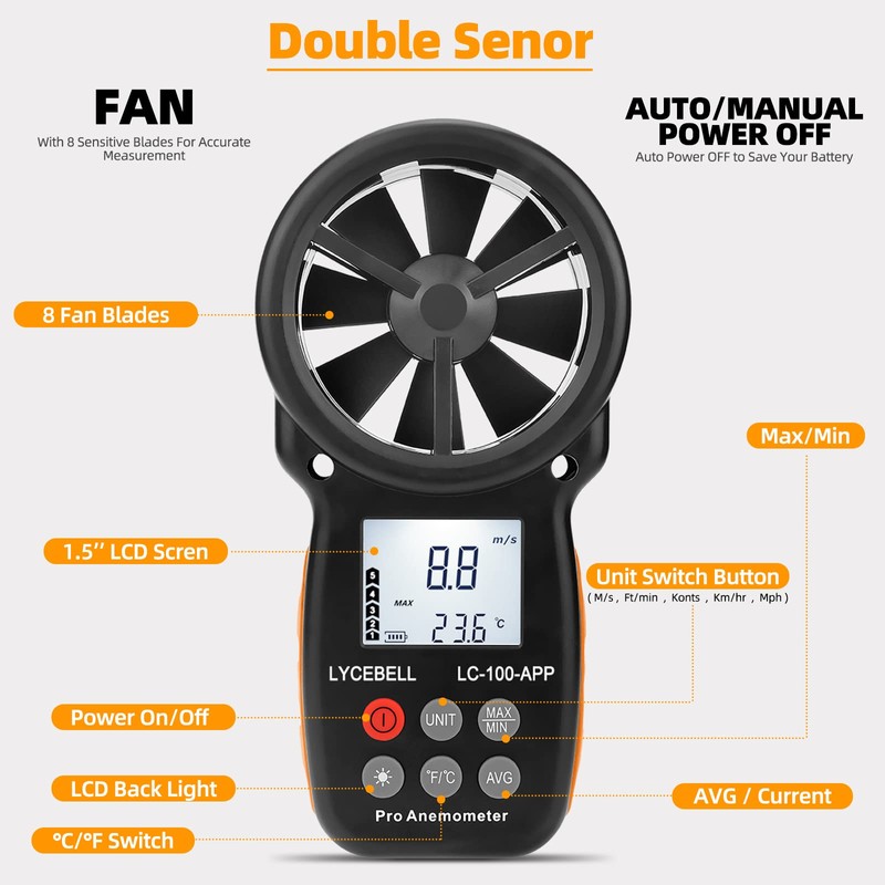 LYCEBELL LC-100-APP Digital Anemometer APP Connect with Wireless Bluetooth for