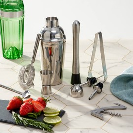 Oak & Steel - 10 Piece Premium Stainless Steel Cocktail Making Gift Set - Recipe Book, Shaker, Strainer, Muddler, Double Jigger & Pourers for Home and Bar Party, Bartender Tool Kit