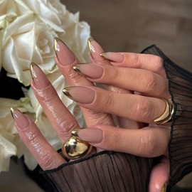 Gold French Tip Press On Nails Short Almond, Medium Fake Nails French Nails Press ons Acrylic Nails Glue on Nails Medium, Natural Short Almond Nails False Nails for Women in 12 Sizes 24 Pcs