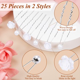 Pack of 25 Bridal Wedding Hair Pins, U-Shaped Bridal Jewellery Beads, Hair Accessories, Flowers, Rhinestones for Communion, Women and Girls