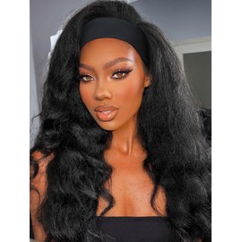 FANCEE Yaki Wavy Headband Wigs Black Kinky Straight Wear and Go Half Wig with Curly Wavy Ends for Women on the Go Synthetic Headband Blow Out Style Natural Hair Texture for Black Women