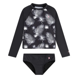 Hurley Girls Long Sleeve Rash Guard 2-Piece Swimsuit, Black/Sail, 6X