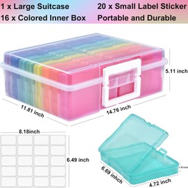 Haundry Photo Storage Box with 16 Inner 4" x 6" Photo Case, Portable Storage Organizer with Handle Craft Keeper for Picture, Stickers, Stamps, Screws, Hair Clips, Colored