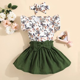 KONFEN Baby Girl Outfits Floral Romper Bodysuit + Skirt + Headband 3pcs Set, Newborn Baby Girl Summer Clothes Jumpsuit Infant Outfit Set for 6-9 Month