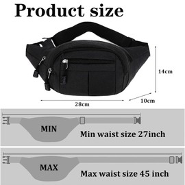 Waist Bag Black Belt Bag Waist Bag Waterproof 4 Zipper Pockets Men Women Ladies Large Waist Bag Outdoor Sports Hiking Jogging and Travel Gifts for Men and Women Boys (Black)