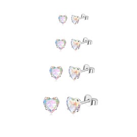 Hinvan 4 Pairs 925 Sterling Silver Stud Earrings Heart Stud Earrings Set Heart Shaped Earrings Zirconia Silver Heart Earrings Hypoallergenic Silver Studs Earrings Silver Earrings for Women Girls