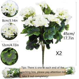 FAICOIA 2 Pcs Artificial Geraniums for Outdoor Silk Geranium Flowers White Artificial Geranium Bush Faux Flowers Geraniums Branch for Garden Patio Grave Cemetary Vase Table Centerpiece Indoor Decor
