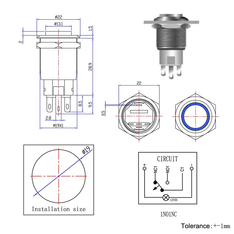 Ulincos® Latching Push Button Switch U19C2 1NO1NC SPDT ON/OFF Black