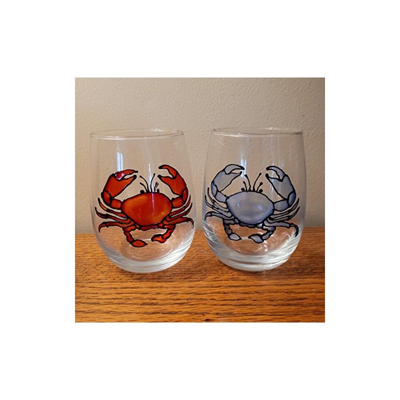 Blue and Red Crab Hand Painted Stemless Wine Glasses Set