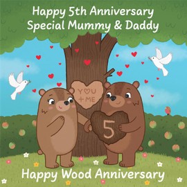 Hunts England - Mummy And Daddy 5th Anniversary Card - Wood Anniversary - Fifth Anniversary - 5 Years - Cute Fun Bears Card - Love Story Collection