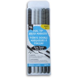 Dual Brush Tip Markers, Grayscale, Pen Art- Washable - 6-Pack