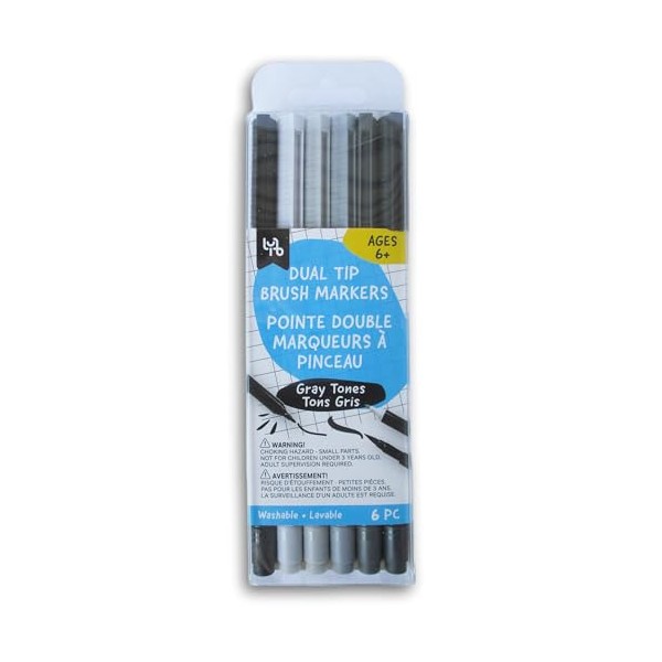 Dual Brush Tip Markers, Grayscale, Pen Art- Washable - 6-Pack